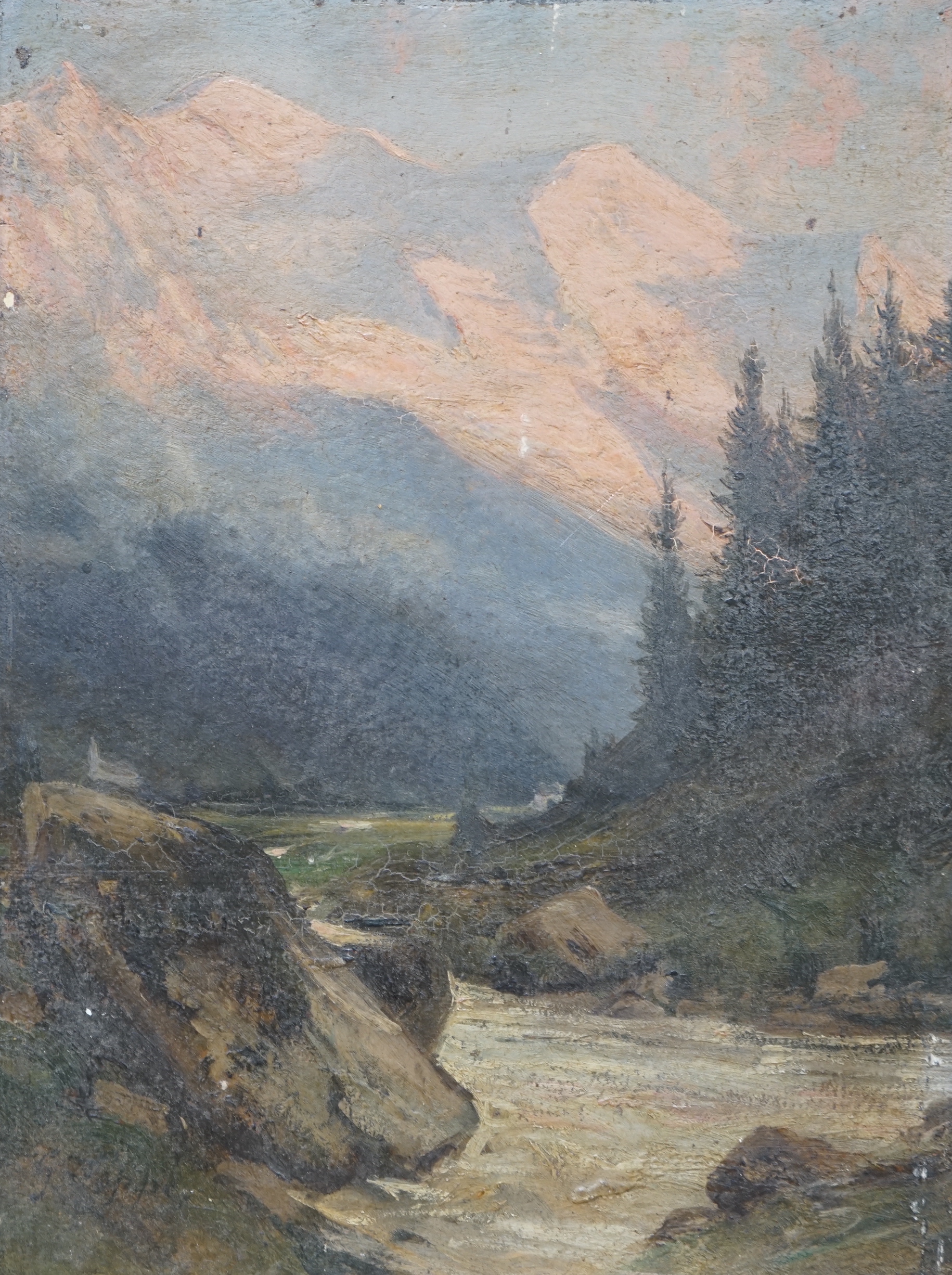 Gabriel Loppé (French, 1825-1913), Mont Blanc from Chamonix, oil on panel, 26 x 19.5cm, unframed